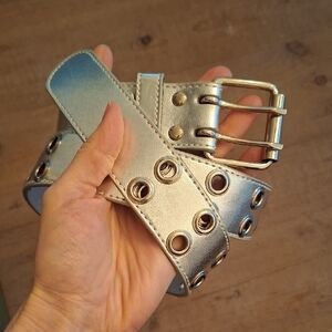 Women's Genuine Leather Silver Belt w/ Double Row of Grommets (Size S)